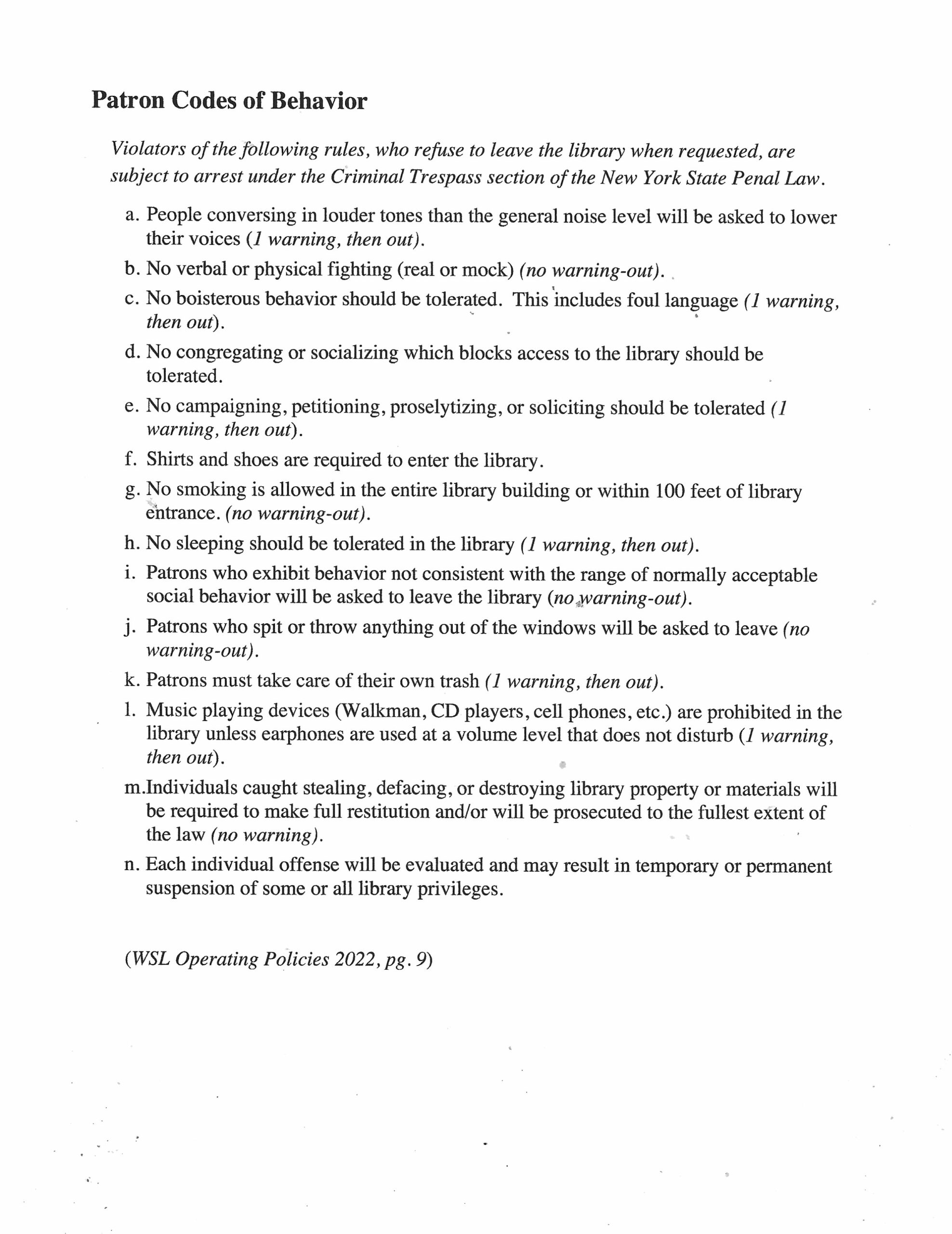 Patron Code of Conduct – Worcester-Schenevus Library